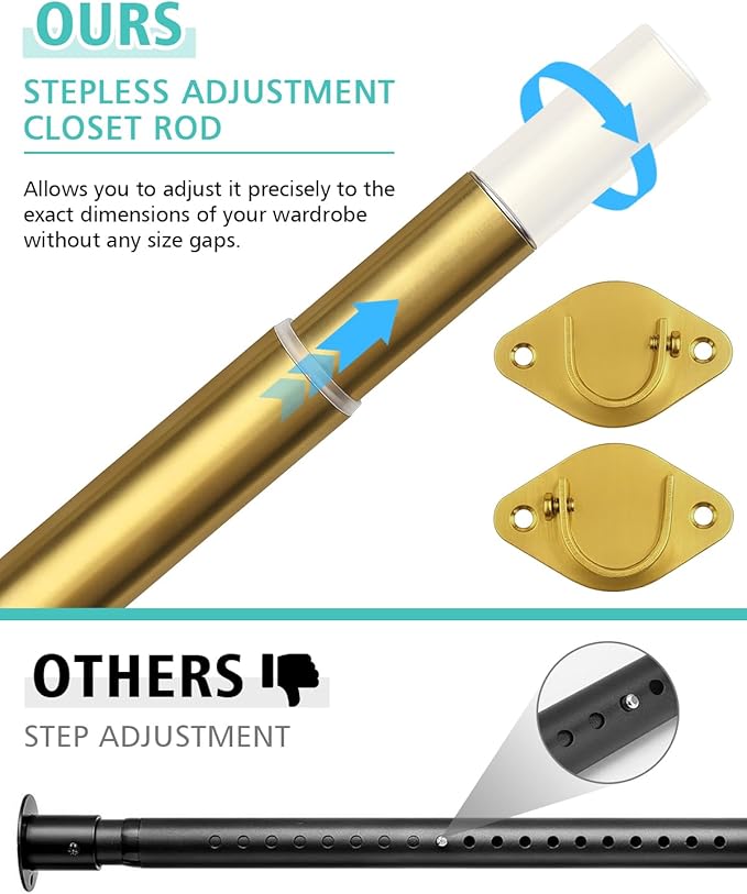 Closet Rod, 17 to 52 Inch Heavy Duty Adjustable Metal Clothing Rack for Hanging Clothes, Closet Poles for Wardrobes, Laundry, Durable Steel, Gold（Upgraded Extra Strong）