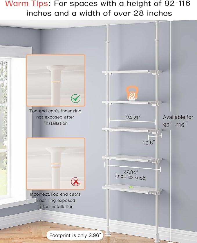 ALLZONE 5 Tiers Narrow Bookshelf, Tall Adjustable Ladder Book Shelf with Open Storage, Floor to Ceiling Tension Mount, Wooden Industrial Bookcase for Living Room, 92 to 116 Inch, White