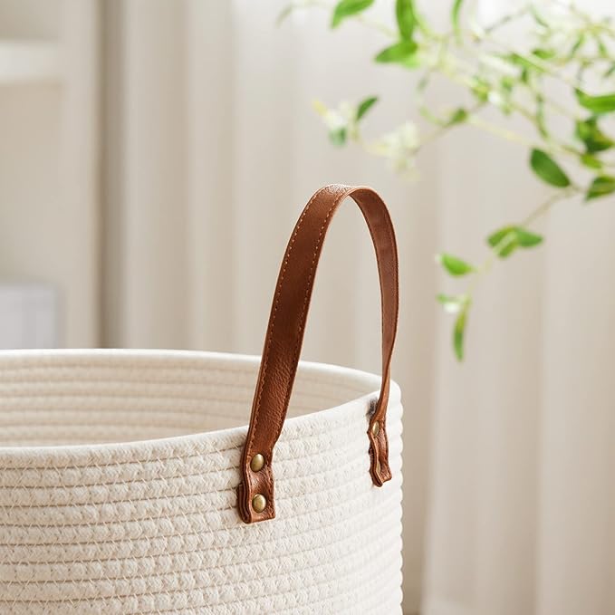 VIPOSCO Tall Laundry Basket, Large Dirty Clothes Hamper with Leather Handle, Woven Rope Storage Basket for Blanket, Toy In Living Room, Bathroom, Bedroom - 72L White & Brown