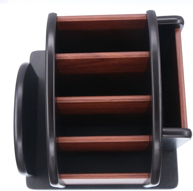 Coideal Remote Control Holder Caddy - Wooden Rotating Coffee Table Organizer Large Spinning Wood Remote Holder for Living Room Office (6 Compartments, Brown & Black)