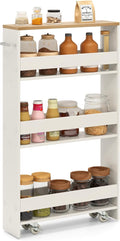 Slim Rolling Storage Cart, 4 Tier Narrow Kitchen Cart with Wheels, Between Washer and Dryer Cart, Wood Shelving Unit Organizer w/Handle for Small Spaces (White & Natural, 5-Inch)