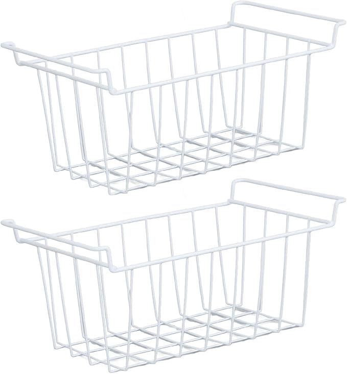 2PCS Freezer Organizer Bins, Steel Wire Freezer Basket with Handles Multifunctional Organizer Bin Stackable Metal Wire Baskets for Cabinet, Pantry, Closet (White)