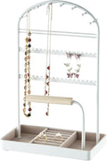 Multi-Functional Jewelry Holder Organizer Necklace Display Stand Velvet Lined Bar for Rings 2 Tier with 18 Hooks, 32 Earring Holes - Sturdy and Durable, Easy Organization White