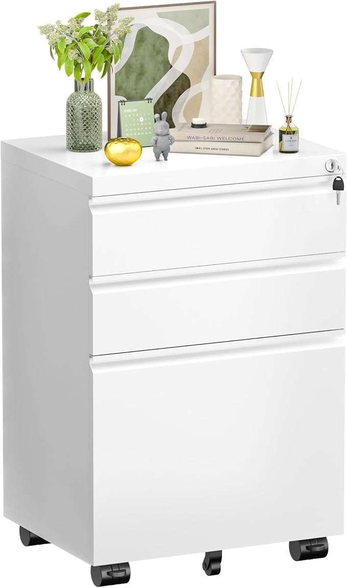 Bonusall 3 Drawer White File Cabinet, Fully Assembled Metal Rolling Filing Cabinet with Lock, Under Desk Drawer Filing Cabinets for Home Office Fit A4/Letter/Legal