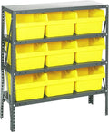Quantum 1839-SB810YL Heavy Duty Shelving Unit with (4) Shelves and (9) QSB810 Yellow Bins for Garage Warehouse Storage Distribution | 400 lb Load Capacity | 18"D x 36"L x 39"H, Galvanized Carbon Steel