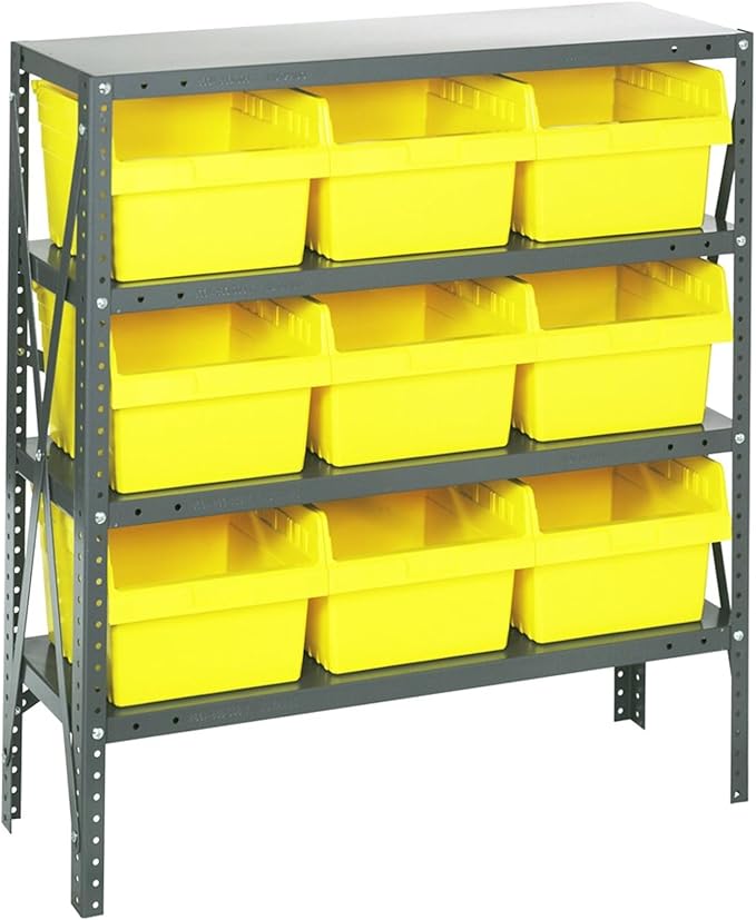 Quantum 1839-SB810YL Heavy Duty Shelving Unit with (4) Shelves and (9) QSB810 Yellow Bins for Garage Warehouse Storage Distribution | 400 lb Load Capacity | 18"D x 36"L x 39"H, Galvanized Carbon Steel