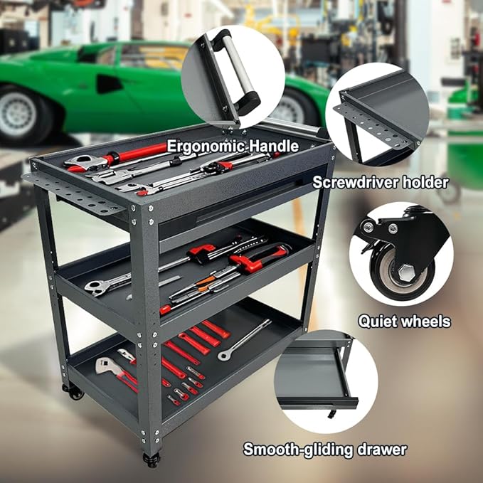Metal 3 Tier Rolling Tool Cart with Drawer, Steel Utility Cart on Wheels, for Warehouse Garage Workshop