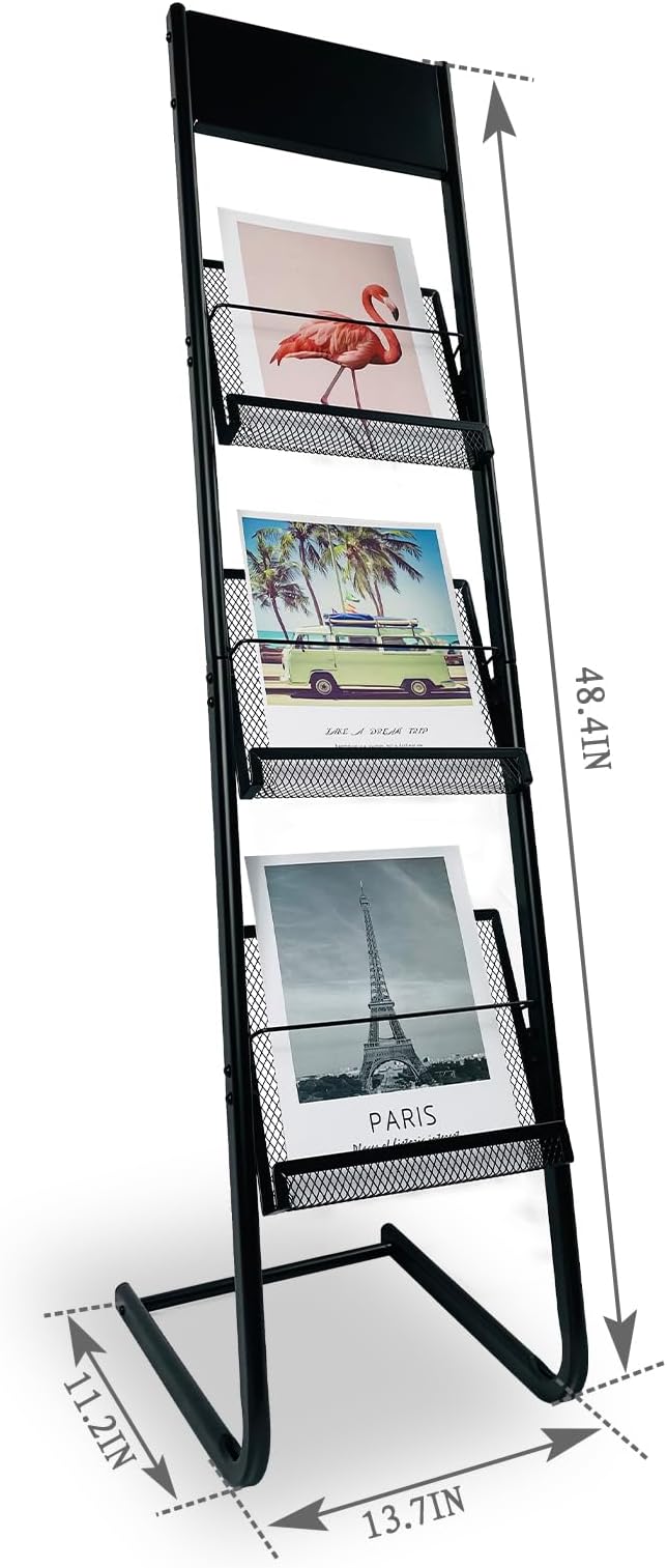TONGMO Floor-standing 3-Layer Magazine Rack, Brochure Display Stand, made of high-hardness metal, suitable for Exhibitions, Offices, and any organization requiring information display. (3F-Black)