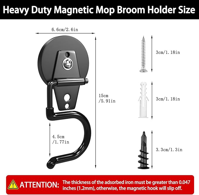 3-H Magnetic Mop Broom Holder and Mop Organizer 4 Pack, Heavy Duty Strong Utility Magnetic Tools Holde, Anti-Slip Strong Metal Garden Tool Rack for Garage, Laundry, Garden (Black)