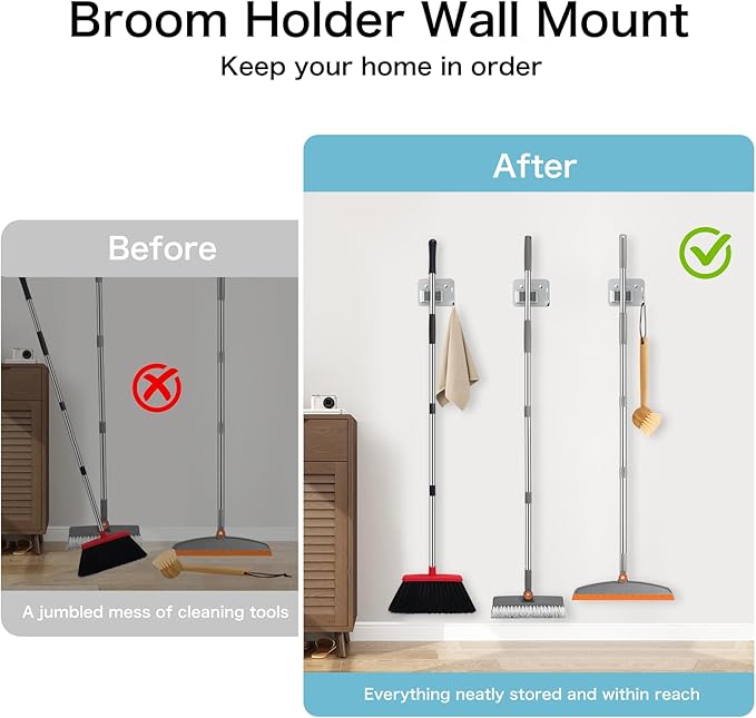 nacena Broom Holder Wall Mount, 4 Packs Silver Stainless Steel Mop and Broom Hanger with Hooks Heavy Duty Broom and Mop Organizer Wall Hanging for Bathroom, Kitchen