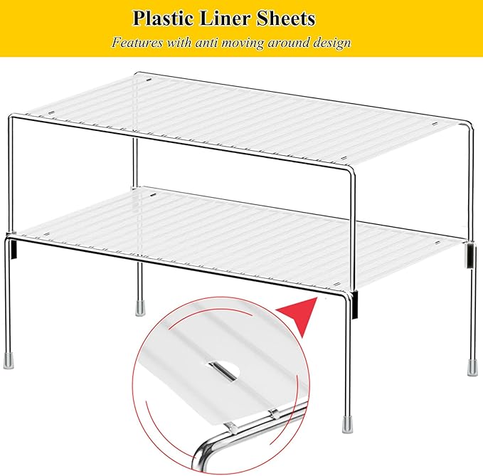 Set of 4 Kitchen Cabinet Organizer Shelves, Stackable Organizer and Storage for Cabinet Cupboard, Expandable Shelf Risers Plate Rack with Anti-Slip Plastic Liner