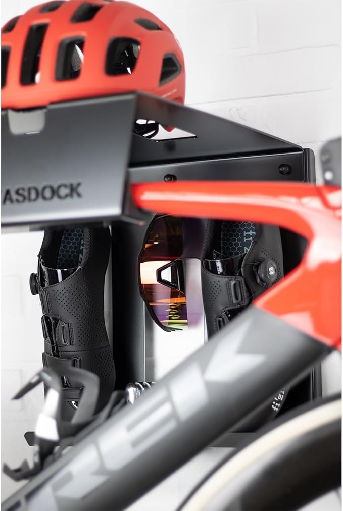 Stasdock Wall Bike Rack | Bike Storage Wall Mount System | For Race Bicycles (Happy Black) and Mountain Bikes | Bike Shelf | Indoor bike wall bracket | Store your helmet and shoes | Home and Garage