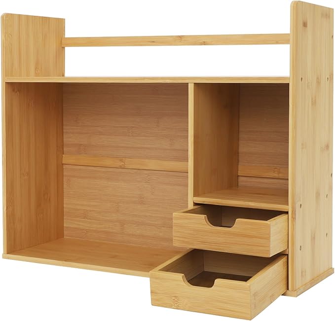 Bamboo Desktop Bookshelf 2-Tier Short Bookshelf with 2 Drawers Desk Shelf for Top of Desk Organizer Shelves Table Top Shelf Desktop Shelves for Offices & Studies (Short Style-22.83" L)
