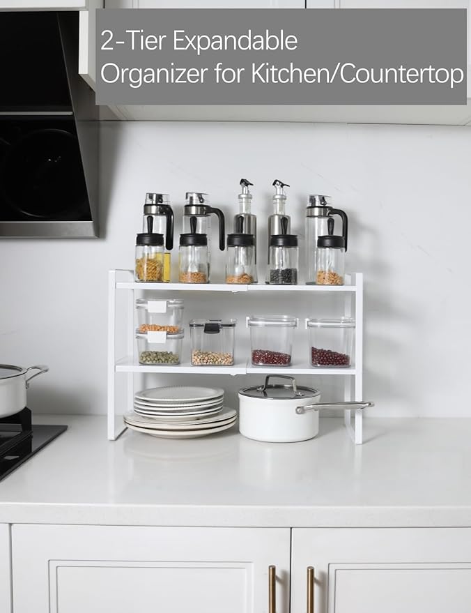 2-Tier Expandable Organizer Shelf for Kitchen Cabinet, Countertop, Pantry & Under-Sink Storage(white)