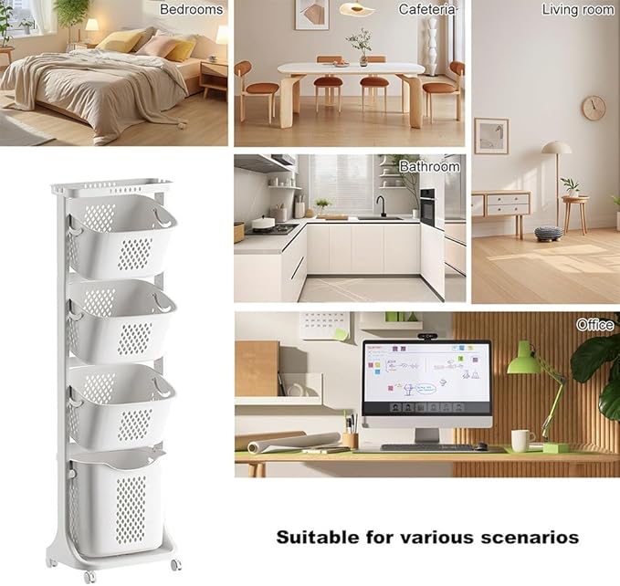 4-Tier Rolling Laundry Hamper Cart with Wheels & Removable Baskets – Tall Laundry Sorter Storage Organizer for Clothes, Bathroom, Bedroom – Free Standing Slim Laundry Basket Rack