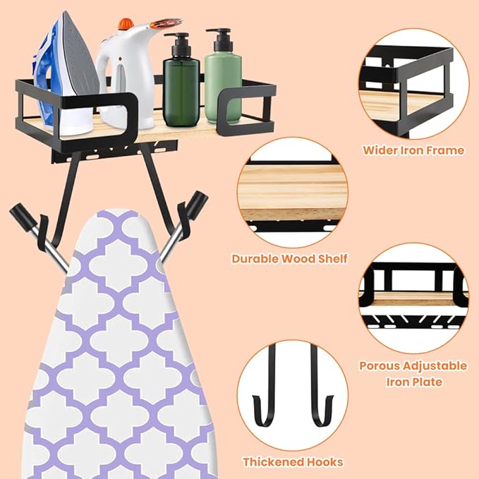 Ironing Board Holder Wall Mount, Metal Ironing Board Hanger with Shelf, T&V Shaped Space Saving Iron Holder for Laundry Room Accessories Organization