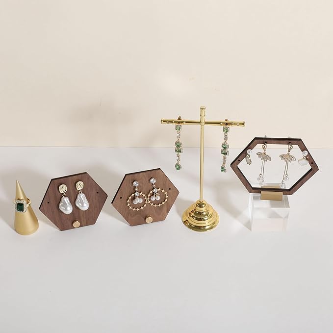 GemeShou 3pcs wooden jewelry earring organizer holder, walnut earring studs stand for boutique store, cute earring display for selling with 6 holes on each【Earring stand-Hexagon-3pcs】
