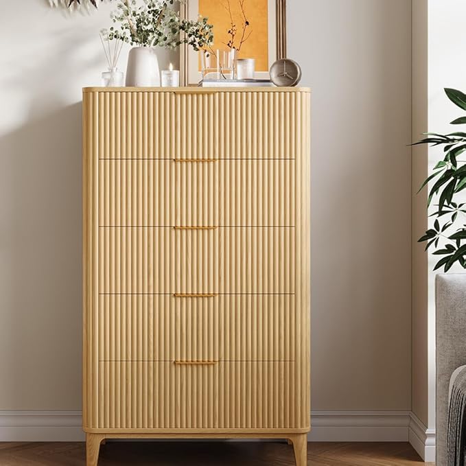 Fluted Dresser for Bedroom with 5 Drawers Set of 2, 45" Large Closet Clothes Wood Tall Dresser Storage Organizer, Mid Century Modern Chest of Drawers with Deep Storage Natural