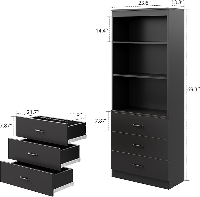 oneinmil 70" H 6-Tier Bookshelf with 3 Drawers, White Bookcase with 3-Tier Open Shelves, Tall Book Shelf with Storage Space, Wooden Storage Cabinet for Living Room, Bedroom, Office (Black, 6-Tier)