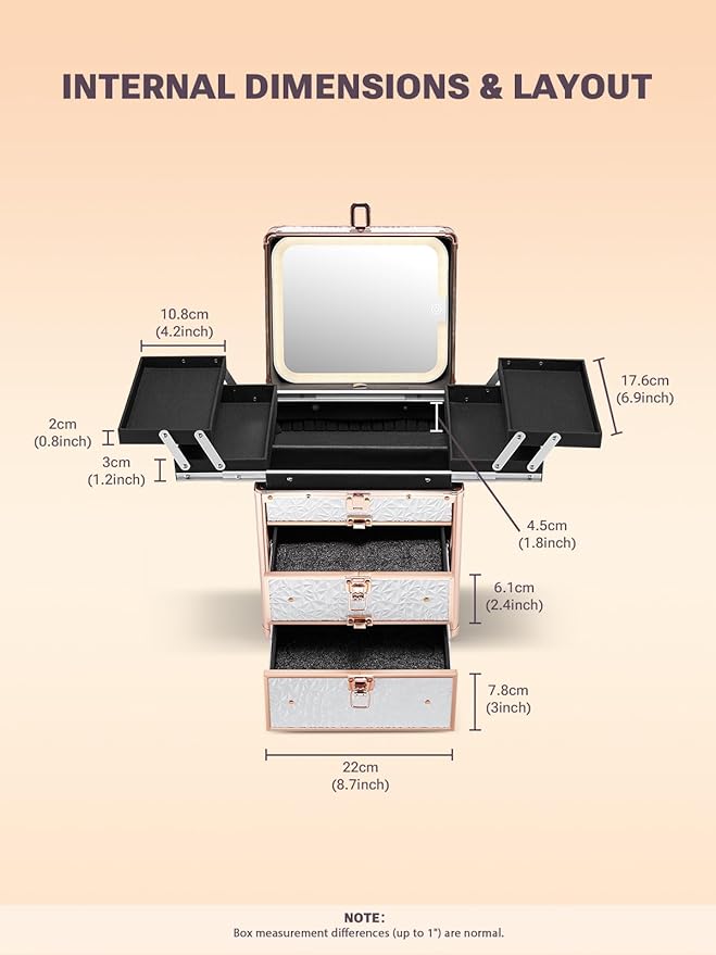 Qislee Makeup Box with Double Drawers and Four Trays, A Detachable Lighted Mirror, Waterproof Travel Train Case, Cosmetic Organizer and Makeup Suitcase with Magnetic LED Mirror(Bright White)