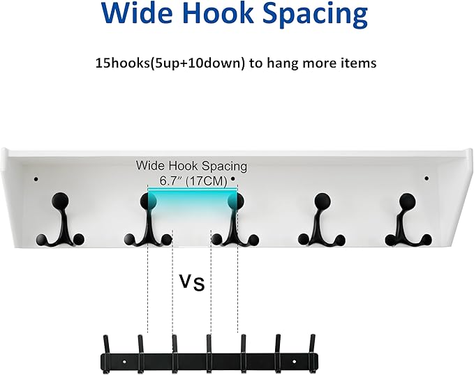 WEBI Wall Shelf with Hooks Underneath,35” Long Wall Mounted Coat Rack with Shelf,Entryway Coat Rack with 5 Triple Hooks for Hanging Coats,Jacket,Hallway,Bedroom,Mudroom,White