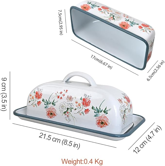Enameled Farmhouse Vintage Butter Dish with Lid, 7.5 Inch Durable Kitchen Food Storage Container Rust-Resistant Refrigerator Safe,Vintage Decorative Design Kitchenware for Countertop