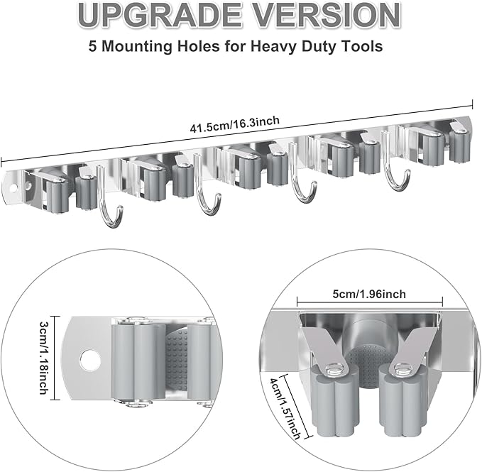 Broom Holder Wall Mount, Broom Organizer Wall Mount Stainless Steel Broom and Mop Hanger Heavy Duty Storage Organization for Home Kitchen Garden Garage Room 5 Racks 4 Hooks