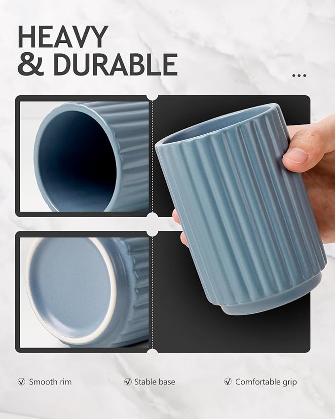 Toothbrush Holder, Tooth Brush Holder for Bathroom - Ceramic Toothbrush Cup Toothbrush Holders Countertop, Stripe Design Makeup Brush Holder Pen Holder, ANTIS'S HOME (Blue)