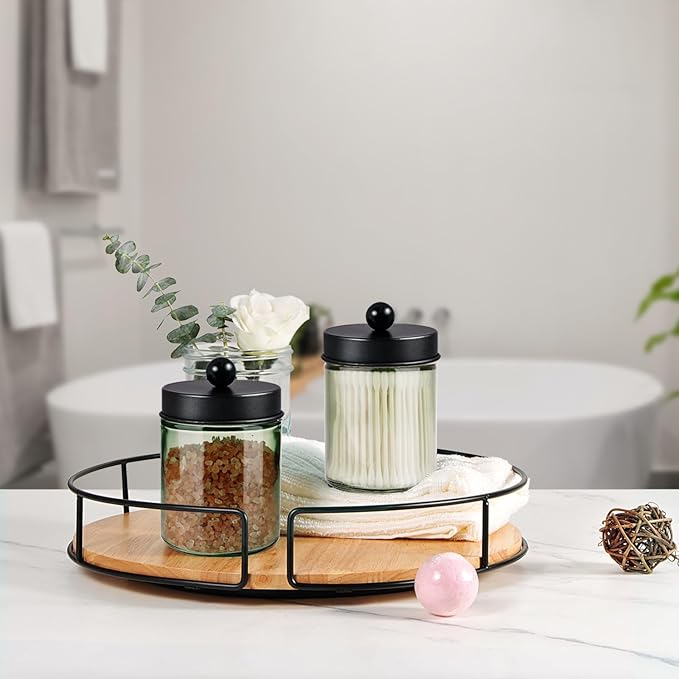 Amolliar Sage Green Glass Apothecary Jar, Qtip Holder Metal Lid & Stickers, Bathroom Qtip Dispenser Storage Canister, Perfect for Cotton Balls, Cotton Swabs, Round Pads, Bath Salt, Floss, Black 2 Pack