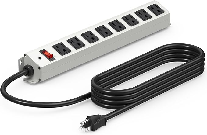 CCCEI Corner Mount Angle Power Strip, Under Cabinet Heavy Duty 8 Outlets Power Strip 20Amp, Metal Underneath Desk Plug Surge Protector, Wall Mountable, for Garage, Shop, Kitchen. 6FT Extension Cord.
