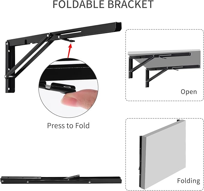 YUMORE Folding Shelf Brackets, 18 Inch Heavy Duty Collapsible Shelf Bracket, Black DIY L Bracket for Workbench Folding Table Hinge, Max Load: 330lb, 2 Pack