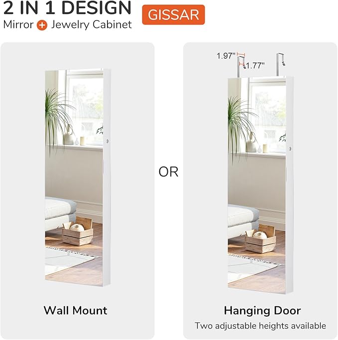 GISSAR Full Length Mirror Jewelry Cabinet, 6 LEDs Jewelry Armoire Wall Mounted Over The Door Hanging, Jewelry Organizer Storage with Lights Lockable, White Surface with Beige Lining, 14.6" x 47.2"