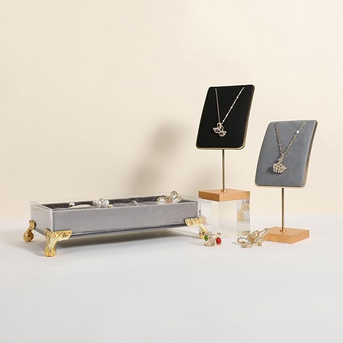 GemeShou Black velvet necklace stand, gold necklace hanger, small metal jewelry stand for earrings and necklaces【Black】