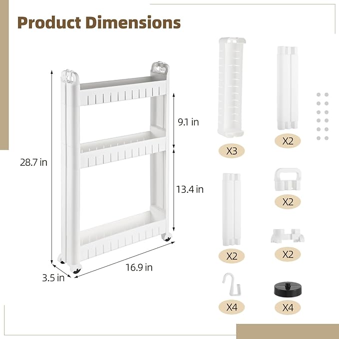 3 Tiers Slim Rolling Storage Cart, 3.5 Inches Slim Slide out Bathroom Organizer Cart, Tiered Storage Rack with Wheels, Narrow Mobile Utility Cart for Laundry Room, Kitchen, Office, Sturdy Room