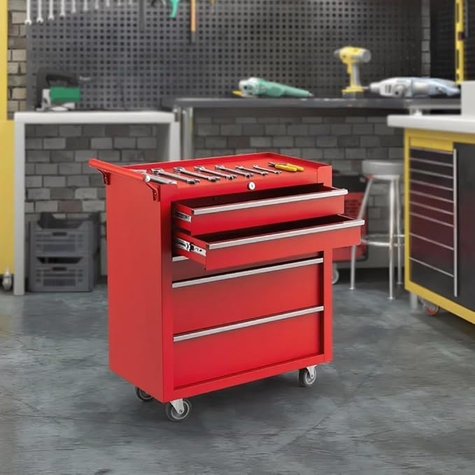 IDEALHOUSE Rolling Tool Chest, 5 Drawers Tool Storage Cabinet, Toolbox with Wheels, Portable Tool Cabinet Organizer with Locking System & Drawer Liners, Tool Storage Cart for Garage, Workshop, Red