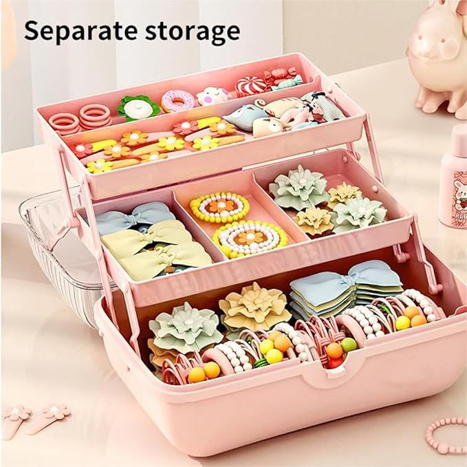 Cute Hair Accessories Organizer 3-Layers Kids Jewelry Storage Box Plastic Hair Accessories holder for Girls (Pink, 10.8 x 5.7 x 5.9 Inch)