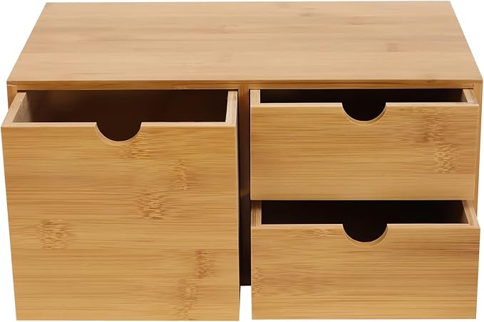 TFCFL Bamboo Desk Organizer with 3 Drawers, Wood Desktop Storage Box for Office Supplies, Natural Bamboo Drawer Organizer with Flat Top for Pen, Mail, Stationery Home Office Organization