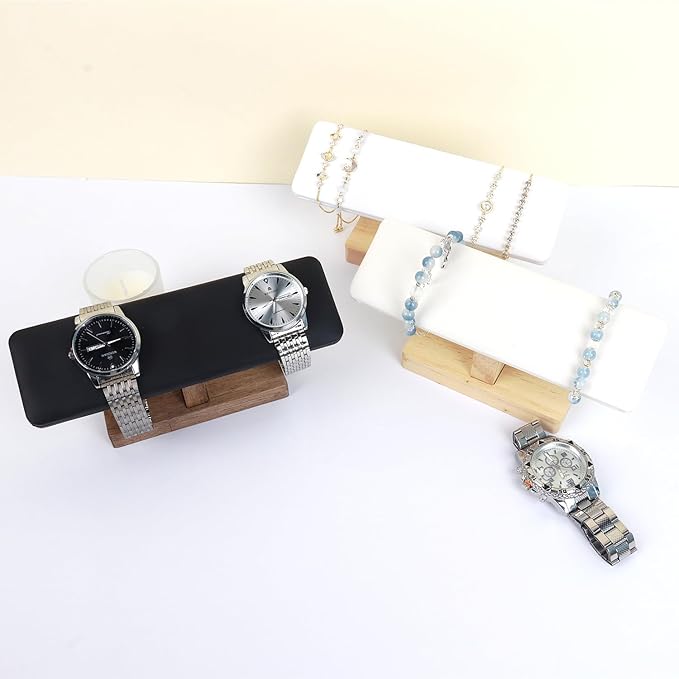 Bracelet Display Tower Jewelry Holder Organizer Rack Wooden Base Watch Display Bangle Scrunchie Headband Headtie Stand Exterior Black PU