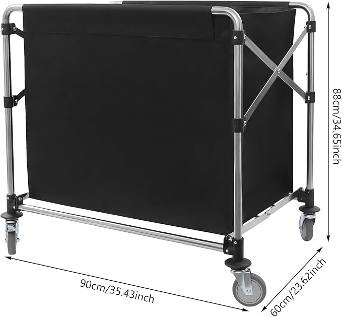 Commercial Laundry Cart with Wheels,Folding Laundry Hamper Cart,Heavy Duty Rolling Laundry Basket with Large Capacity,Laundry Sorter Trolley for Home Hotel Apartment (Black, 35.43 * 23.62 * 34.65in)