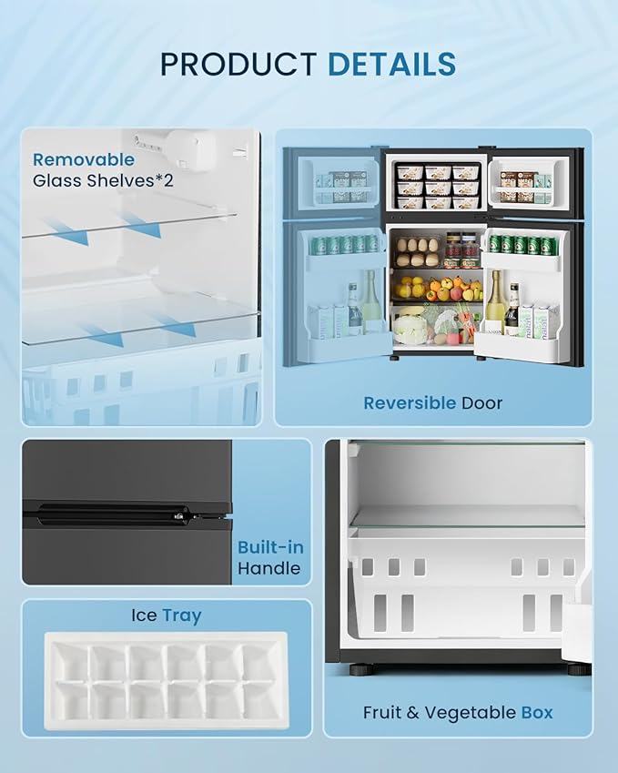 3.2 Cu.Ft Mini Fridge with Freezer - 2 Door Small Refrigerator, Mini Refrigerator with Adjustable Thermostat, Removable Shelves, Mini Fridge for Bedroom, Office, Dorm, Apartment, Black