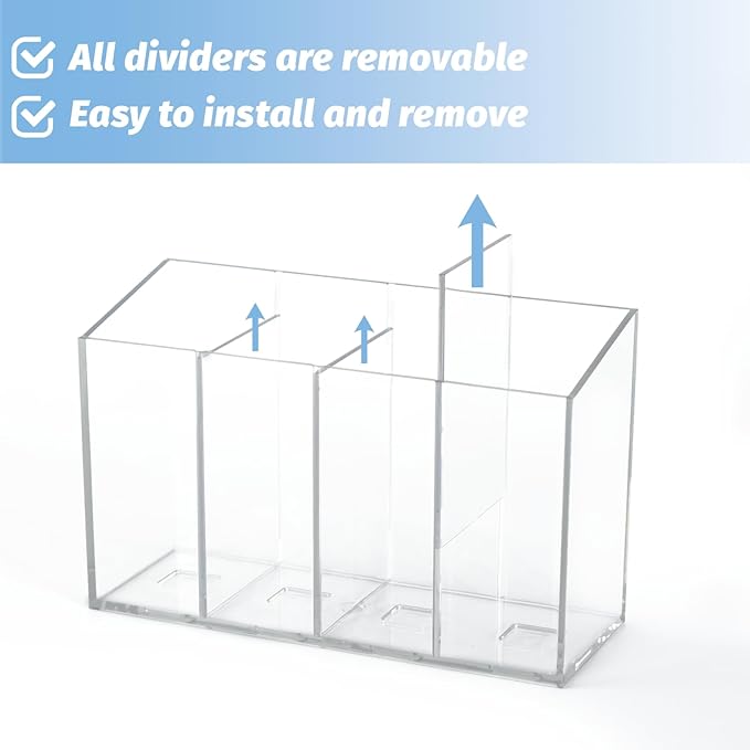 Acrylic Desk Organizer with Removable Dividers 4 Compartments, Clear Pen Holder Makeup Brush Holder