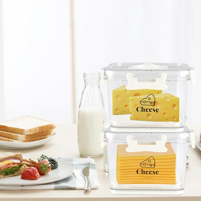 2 Pcs Cheese Container for Refrigerator,Cheese Keeper with Airtight Lid and Time Recording,Cream Block Shredded Cheeses Storage Box,Sliced,Grated,Cheddar Cheeses Box For Fridge,kitchen