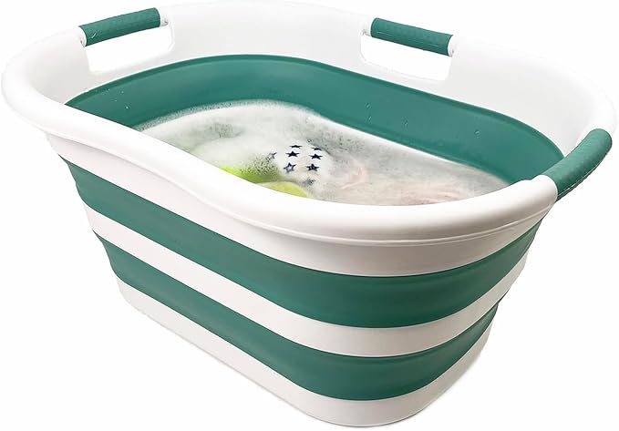 SAMMART 40L (10.5 gallon) Collapsible Plastic Laundry Basket - Space Saving Storage Container/Organizer - Portable Washing Tub - Foldable Pop Up Hamper/Basket (1, White/Celadon Green)