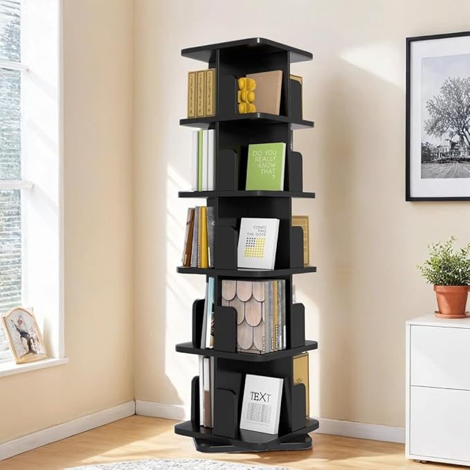 MHOM Black Rotating Bookshelf, 360 Display 5 Tier Rotating Bookshelf Tower, Floor Standing Revolving Bookcase, Wooden Small Bookcase for Small Spaces, and Living Room