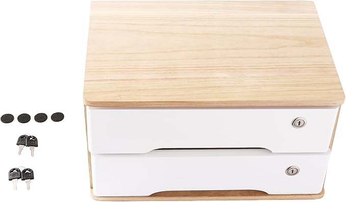 2-Tier Desktop Storage Box with Lockable Drawer, Wooden Desk Organizer for Office Supplies, Flat File Cabinet, Minimalist Design for Home & Office Use(Original Wood+White)