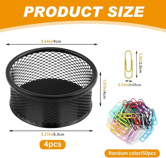Paper Clip Holder With 50PCS Colored paper clips, 2/4PCS Stackable PaperClip Organizer for Desk,Metal Mesh PaperClip Holders with Non-Slip EVA Pad,for Office Binder Box(4pcs)