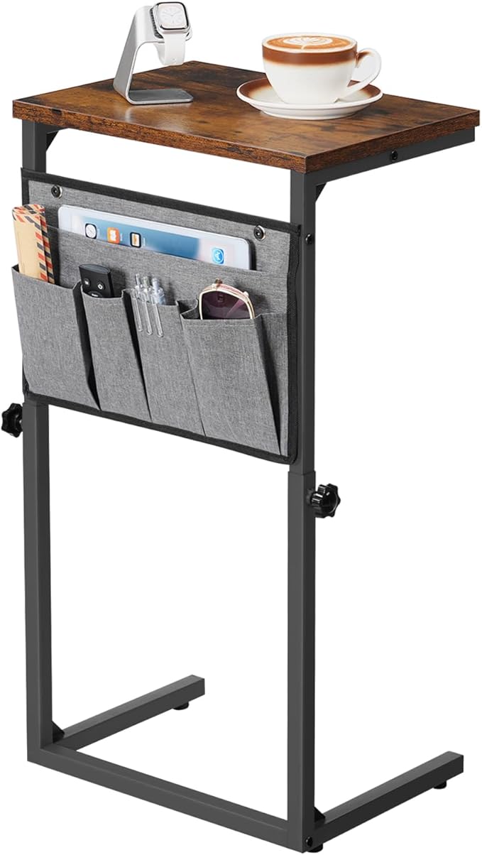 HOOBRO C Shaped End Table, Set of 2, 29.5’’ Adjustable Height Side Table with Storage Pockets, Couch Table Slide Under for Sofa, Small Space, for Living Room, Rustic Brown and Black BF77SFP201