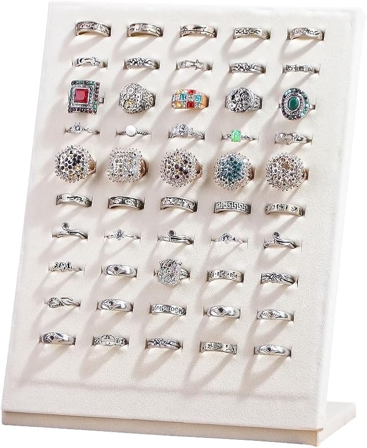 50 Slots Rings Display Stand, Ring Organizer Holder Stand for Selling, Ring Jewelry Pad Showcase Storage Tray for Home or Shop Sell Show (Beige 1PC)