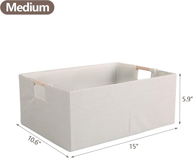 Fabric Storage Bin 3 Pack Foldable Cotton Linen Storage Basket with Wooden Handles Rectangular Cube Box - Beige, Medium