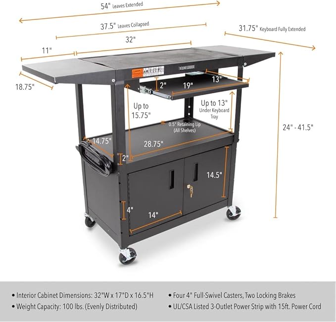 Line Leader Large AV Cart with Locking Cabinet & Drop Leaves, Rolling Height Adjustable Utility Cart with Pullout Laptop Keyboard Tray & Cord Management, Narrow Mobile Workstation (Black, 54 x 18)